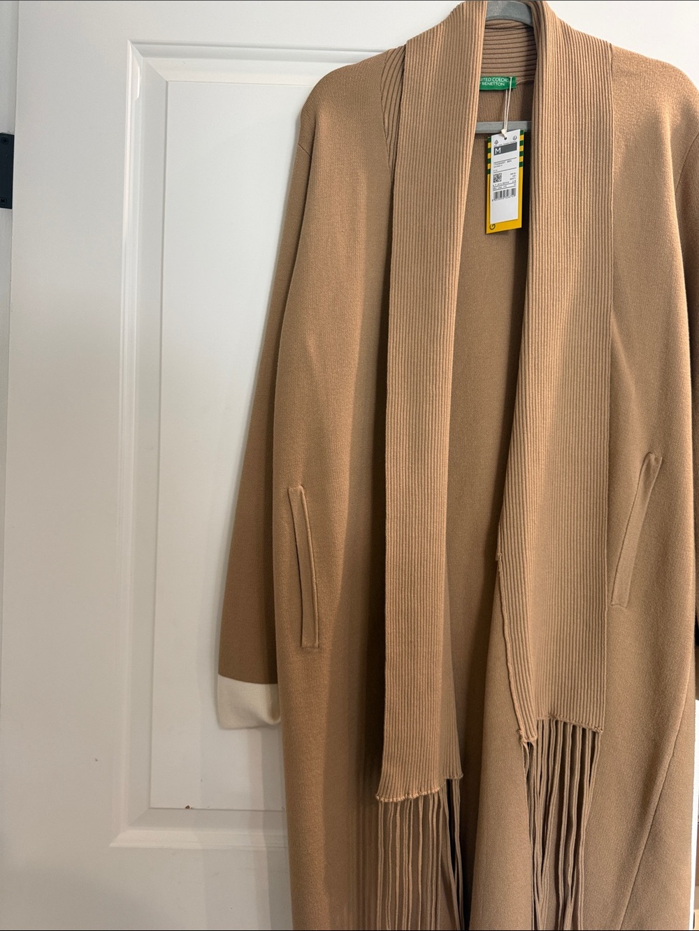 United Colors Of Benetton Camel Fringe Open-Front Coat with Contrast Cuffs